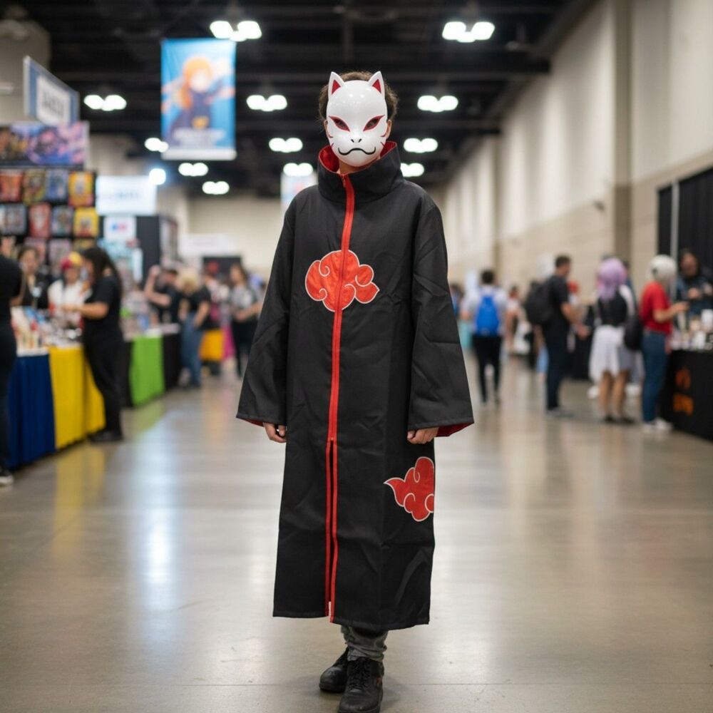 Naruto Akatsuki Cosplay Cloak Robe With Anbu Fox Mask Costume Set Unisex Small